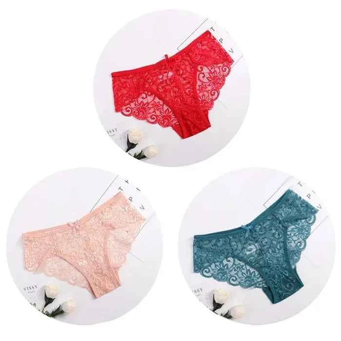3PCS Lace Panties Set for Women - Sexy Transparent Floral Underwear with Bow and Hollow Out Design, Available in S, M, L, XL - Urban Heaven Co