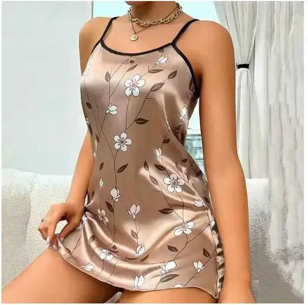 Women Nightwear Home Clothes Sexy Black Floral Printing Nightdress Sleepwear Nightshirts Silk Sleepshirts Nightgowns For Woman