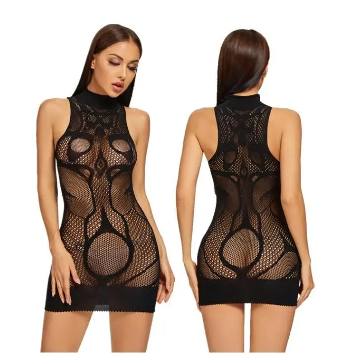 Sexy Women Fishnet Halter Backless Dress Low Cut Tight Pencil Cute Dress Plus Size Mini Dress. - Urban Heaven Co