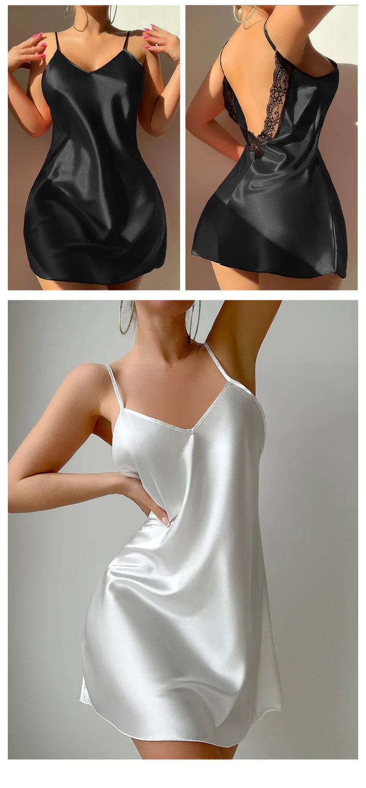 Sexy Female Lingerie Nightgown Patchwork Lace Backless Spaghetti Strap Nightdress Sleepwear Silky Satin Lounge Wear Home Dress - Urban Heaven Co