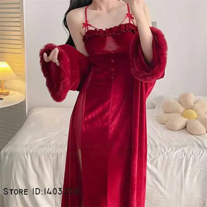 Sexy Velvet Hollow Lace Twinset Robe Set Female Long Nightgown Lingerie Elegant Kimono Bathrobe Gown Loose Sleepwear