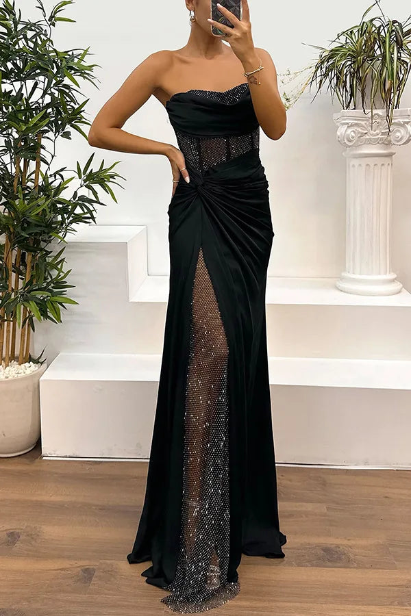 Elegant Strapless Sequin Party Dress for Women - Spring Summer High Slit Fashion Dress - Urban Heaven Co
