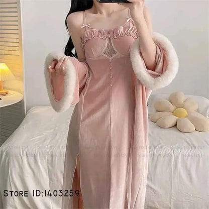 Sexy Velvet Hollow Lace Twinset Robe Set Female Long Nightgown Lingerie Elegant Kimono Bathrobe Gown Loose Sleepwear