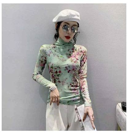 T Shirt Women Turtleneck Full Sleeve Printed Flowers Base Tees Female Sweet T-shirts - Urban Heaven Co