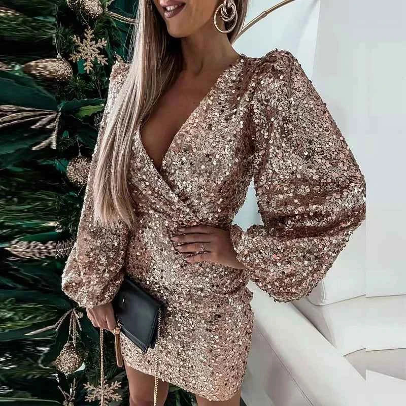 New V Neck Sequin Party Dress with Puff Shoulders | Sexy Bodycon Mini Dress for Office Ladies - Urban Heaven Co