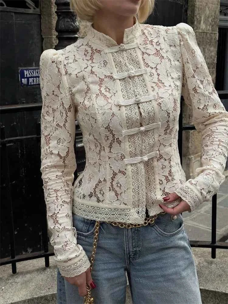 Tossy Summer Lace Printed Shirts Tops Female Hollow Out Fashion Commute Vintage See-Through Blouse. - Urban Heaven Co