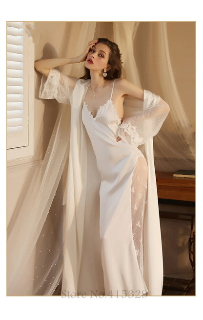 Wedding Bride Robe Set Women Bridal Lace Nightgown Long Kimono Bath Gown Intimate Lingerie - Urban Heaven Co