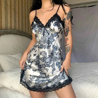 Print Flower Chemise Sleepwear Nightgown Short Summer Sexy Spaghetti Sling Homewear Satin Lace Patchwork Female Nightdress - Urban Heaven Co