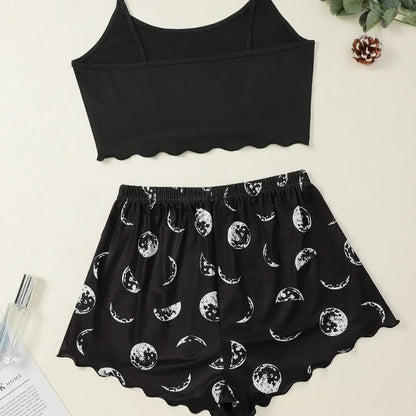 Summer Sleepwear Women 2 Pieces Pajama Set Pink Black Moon and Planet Print Sports Camisole and Shorts Set Casual Loungewear