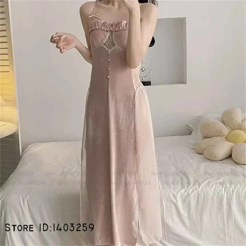 Sexy Velvet Hollow Lace Twinset Robe Set Female Long Nightgown Lingerie Elegant Kimono Bathrobe Gown Loose Sleepwear