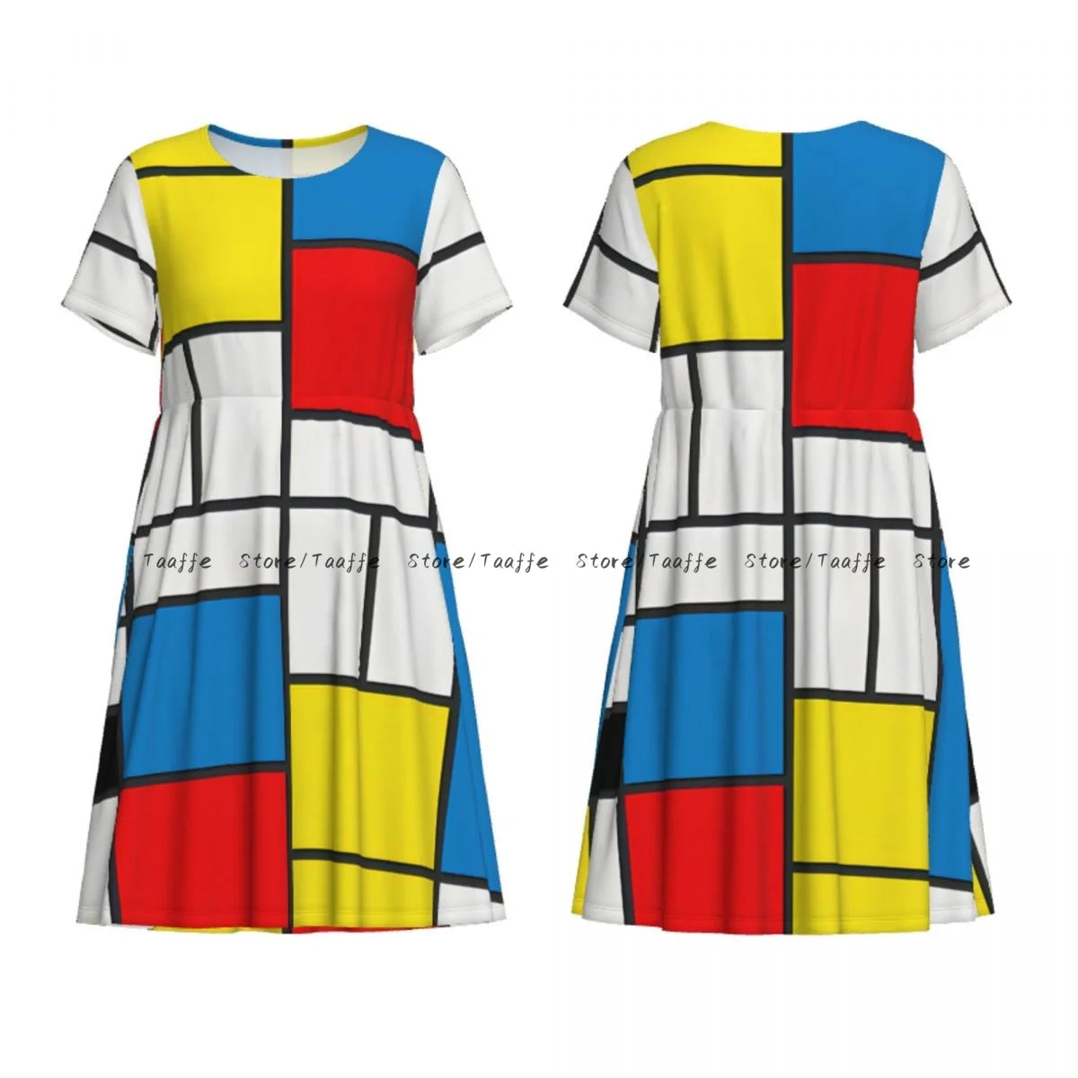 Elegant Women Dress Piet Mondrian Abstract Cubes Turn-down Collar Short Sleeve Body-Shaping Street Robe - Urban Heaven Co
