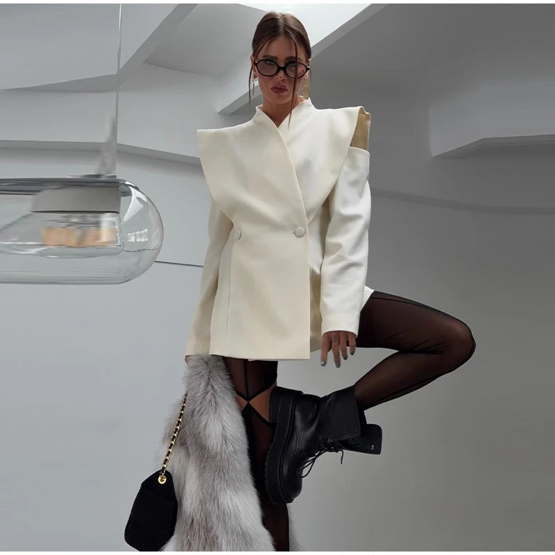 Avant-Garde Women Blazer Solid Jacket with Cutout Shoulders V-neck Full Sleeve for Spring Autumn Fashion Events and Street Style - Urban Heaven Co