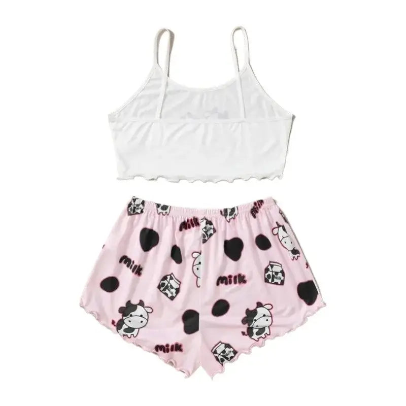Women 2 Pieces Pajamas Set Cute Cow Print Sleeveless Top and Shorts Sleepwear Casual Homewear Loungewear Pijamas