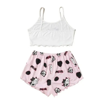 Women 2 Pieces Pajamas Set Cute Cow Print Sleeveless Top and Shorts Sleepwear Casual Homewear Loungewear Pijamas