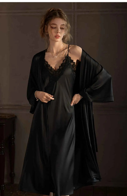 Plus Size Long 2PCS Robe Nightgown Set Pajama Elegant Kimono Bathrobe Gown Sleepwear Summer Sexy Women&