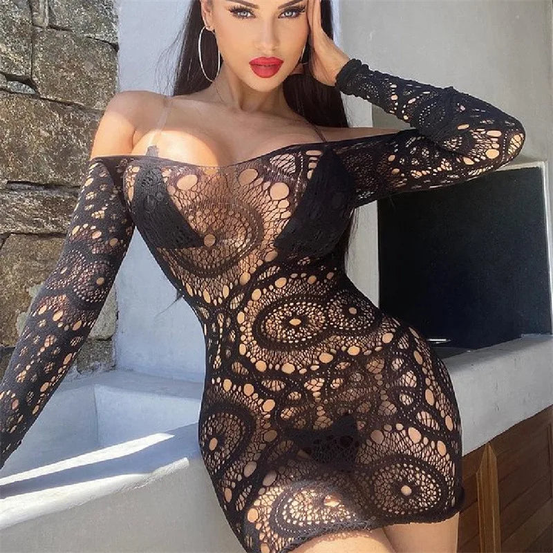 Sexy Women Fishnet Halter Backless Dress Low Cut Tight Pencil Cute Dress Plus Size Mini Dress. - Urban Heaven Co