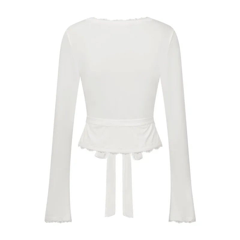 Imcute Wrap Top for Women Y2K Lace Trim Long Sleeve V Neck Workout Yoga Wrap Shirts Slim Fit Tie Front Coquette Tops - Urban Heaven Co