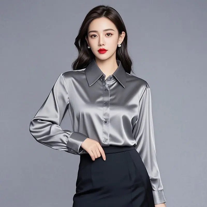 Elegant Silk Office Shirts Women Korean Fashion Y2k Clothes Slim Long Sleeve White Black Blusas Mujer Workwear Tops and Blouses - Urban Heaven Co