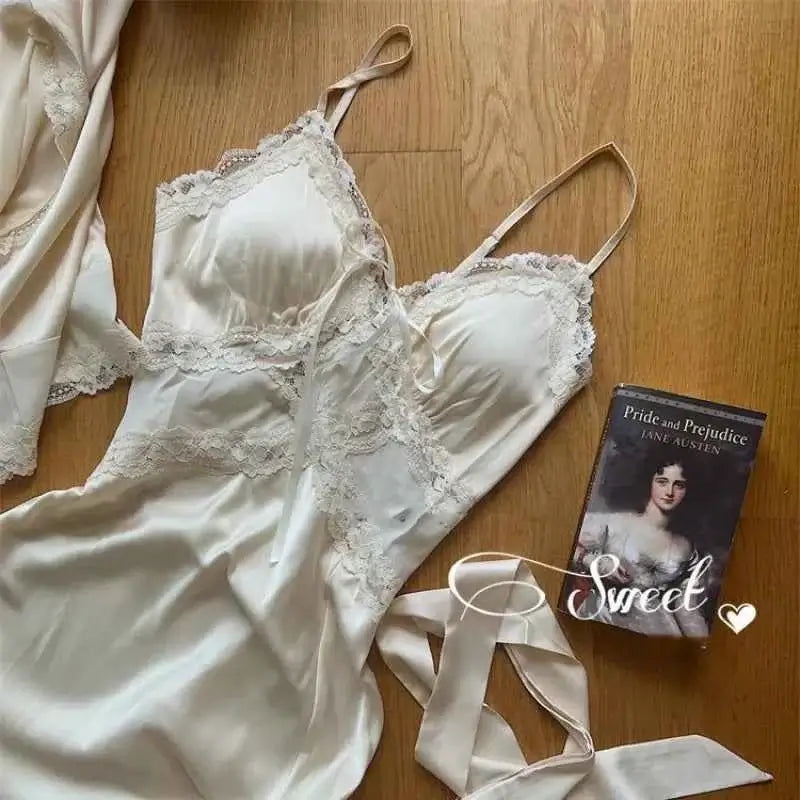 Spring New Nightgown Women Bride Wedding Dress Sweet Lace Patchwork Robe Set Nightdress Elegant Lingerie Summer Long Kimono Gown - Urban Heaven Co