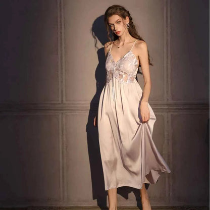 Elegant Female Long Robe Set Nightgown Silky Ice Silk Sleepwear - Urban Heaven Co