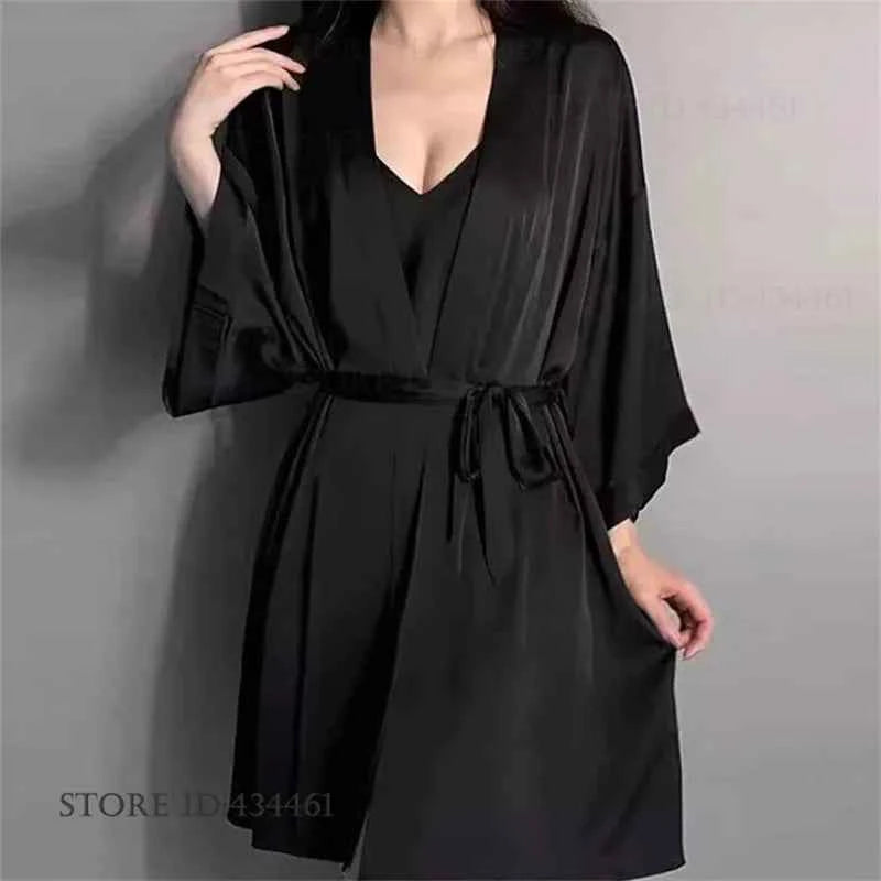 Sexy Lingerie Female Twinset Robe Set Nightgown Spring Summer New Backless Nightdress Sleepwear Loose Ice Silk Homewear Pajama - Urban Heaven Co