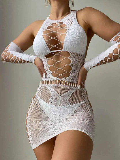 Women Nightwear Party Night Wear Sexy Hollow Transparent Mesh Bodycon Mini Dress - Urban Heaven Co