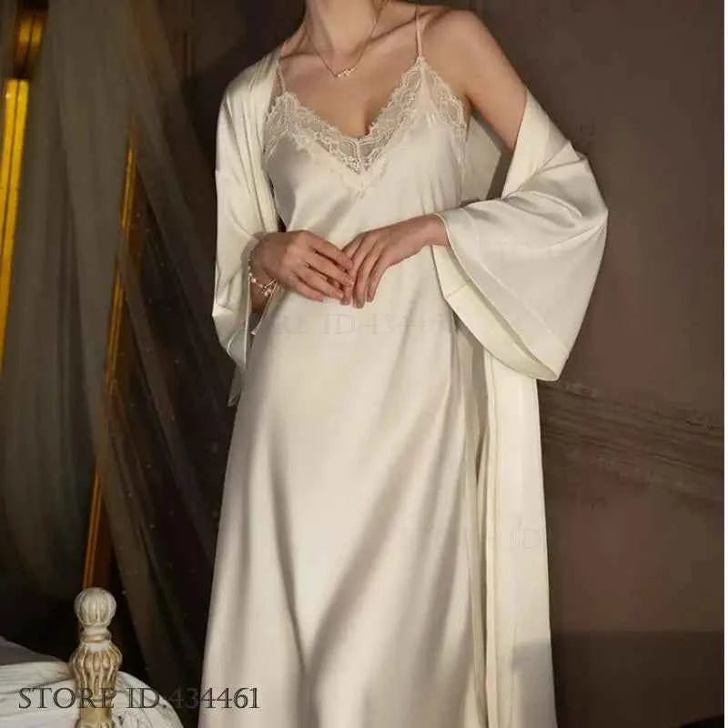 Plus Size Long 2PCS Robe Nightgown Set Pajama Elegant Kimono Bathrobe Gown Sleepwear Summer Sexy Women&