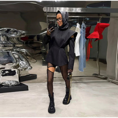 Avant-Garde Women Blazer Solid Jacket with Cutout Shoulders V-neck Full Sleeve for Spring Autumn Fashion Events and Street Style - Urban Heaven Co