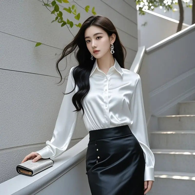 Elegant Silk Office Shirts Women Korean Fashion Y2k Clothes Slim Long Sleeve White Black Blusas Mujer Workwear Tops and Blouses - Urban Heaven Co