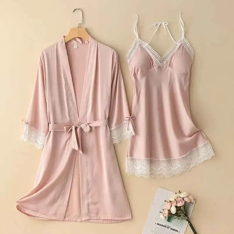 Sexy Lace Trim Nightgown Kimono Bathrobe Gown Loose Silk Satin Home Wear Loungewear Sleepwear Summer New Female Twinset Robe Set - Urban Heaven Co