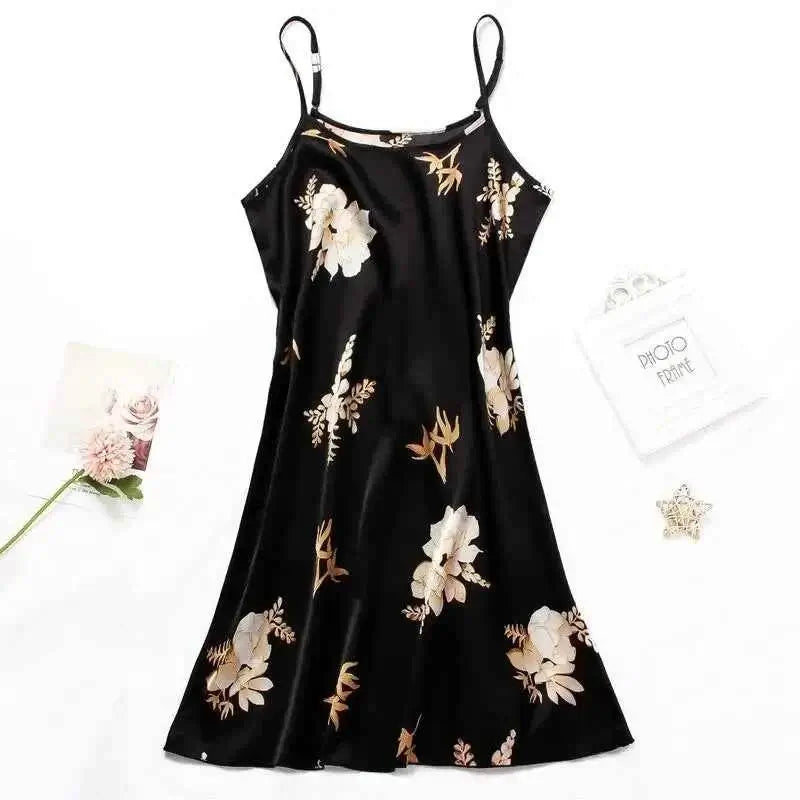 Women Nightwear Home Clothes Sexy Black Floral Printing Nightdress Sleepwear Nightshirts Silk Sleepshirts Nightgowns For Woman