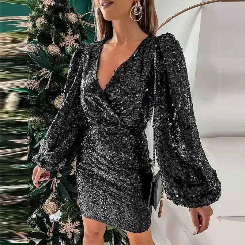 New V Neck Sequin Party Dress with Puff Shoulders | Sexy Bodycon Mini Dress for Office Ladies - Urban Heaven Co