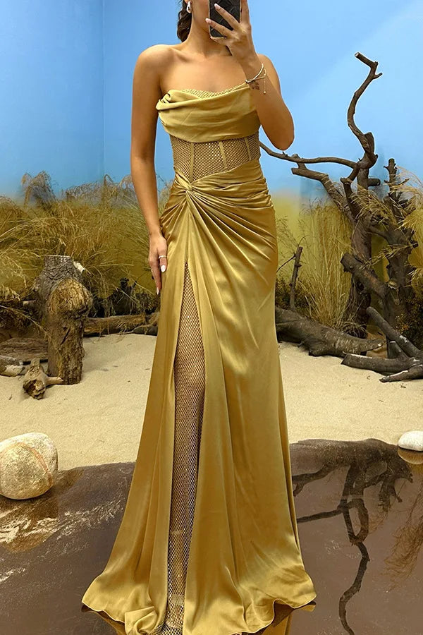 Elegant Strapless Sequin Party Dress for Women - Spring Summer High Slit Fashion Dress - Urban Heaven Co