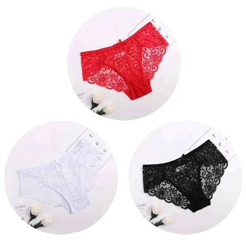3PCS Lace Panties Set for Women - Sexy Transparent Floral Underwear with Bow and Hollow Out Design, Available in S, M, L, XL - Urban Heaven Co