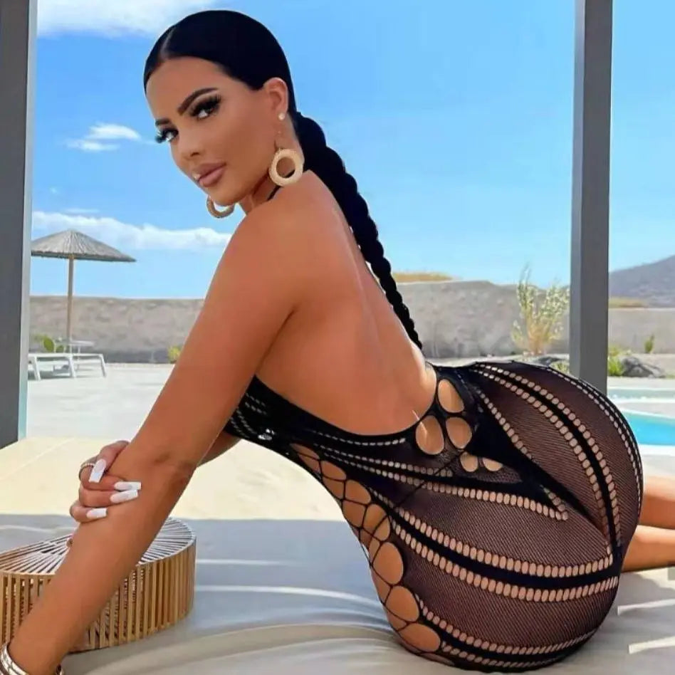 Sexy Women Fishnet Halter Backless Dress Low Cut Tight Pencil Cute Dress Plus Size Mini Dress. - Urban Heaven Co