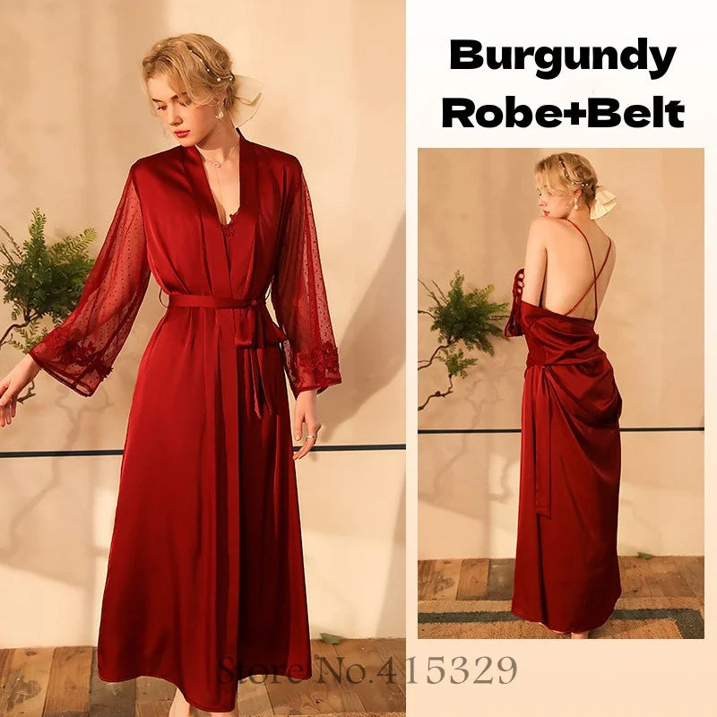 Wedding Bride Robe Set Women Bridal Lace Nightgown Long Kimono Bath Gown Intimate Lingerie - Urban Heaven Co