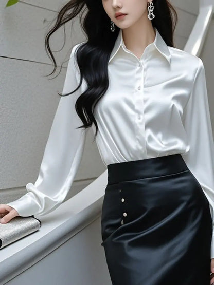 Elegant Silk Office Shirts Women Korean Fashion Y2k Clothes Slim Long Sleeve White Black Blusas Mujer Workwear Tops and Blouses - Urban Heaven Co