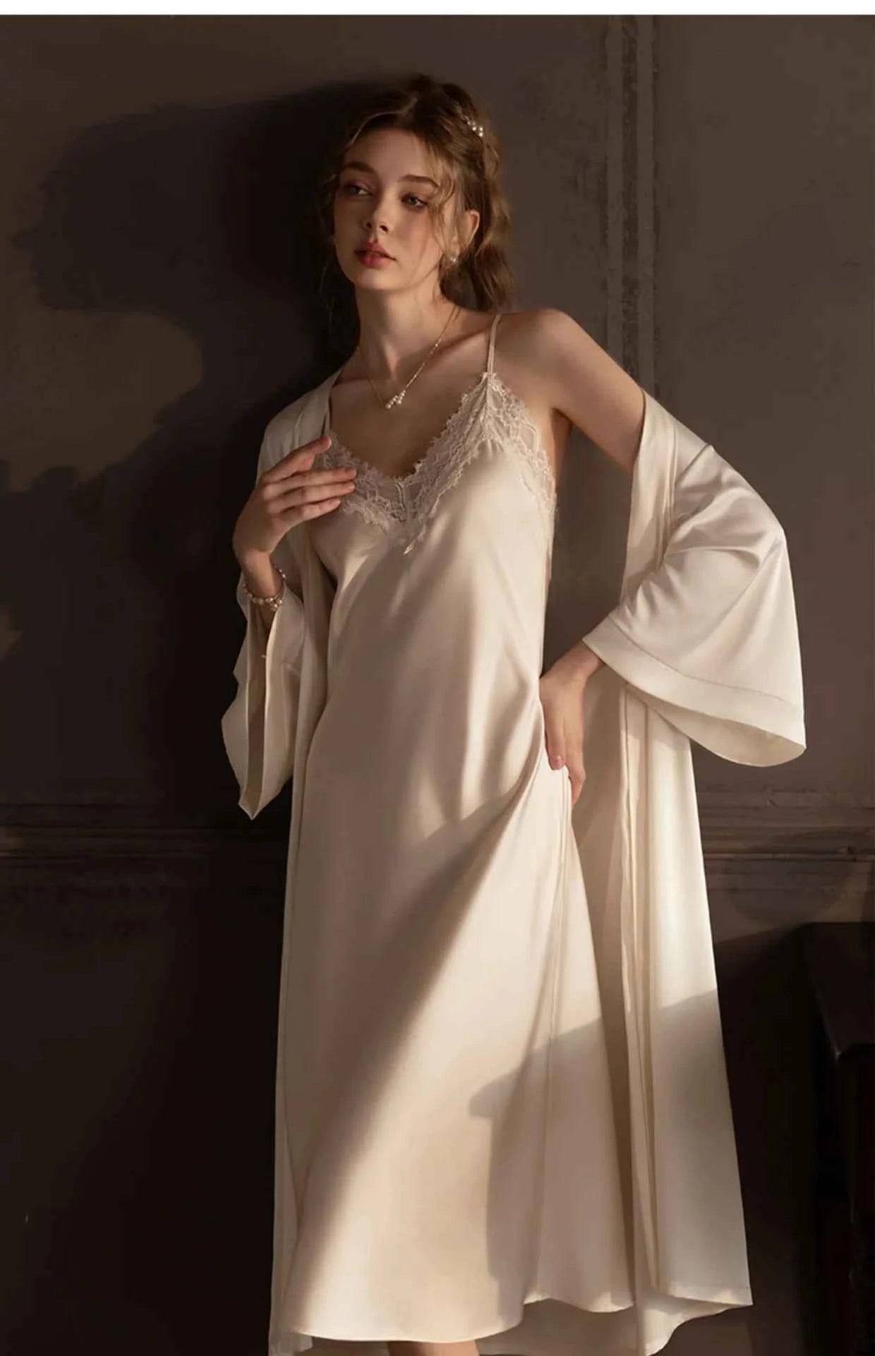 Plus Size Long 2PCS Robe Nightgown Set Pajama Elegant Kimono Bathrobe Gown Sleepwear Summer Sexy Women&