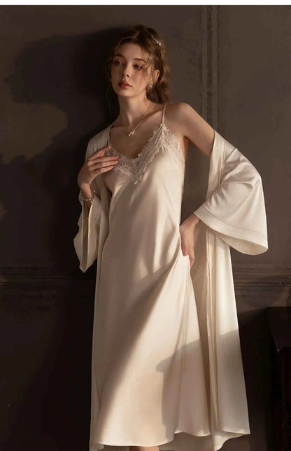 Plus Size Long 2PCS Robe Nightgown Set Pajama Elegant Kimono Bathrobe Gown Sleepwear Summer Sexy Women&