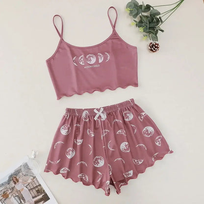Summer Sleepwear Women 2 Pieces Pajama Set Pink Black Moon and Planet Print Sports Camisole and Shorts Set Casual Loungewear