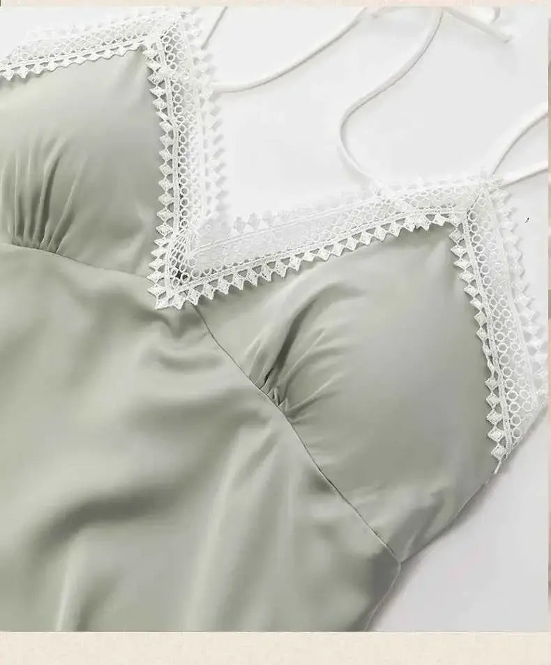 Sexy Lace Trim Nightgown Kimono Bathrobe Gown Loose Silk Satin Home Wear Loungewear Sleepwear Summer New Female Twinset Robe Set - Urban Heaven Co