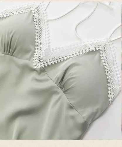 Sexy Lace Trim Nightgown Kimono Bathrobe Gown Loose Silk Satin Home Wear Loungewear Sleepwear Summer New Female Twinset Robe Set - Urban Heaven Co