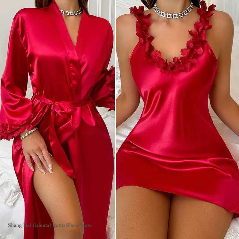 Sexy Female Twinset Robe Set Nightgown Silk Satin Female Sleepwear - Urban Heaven Co