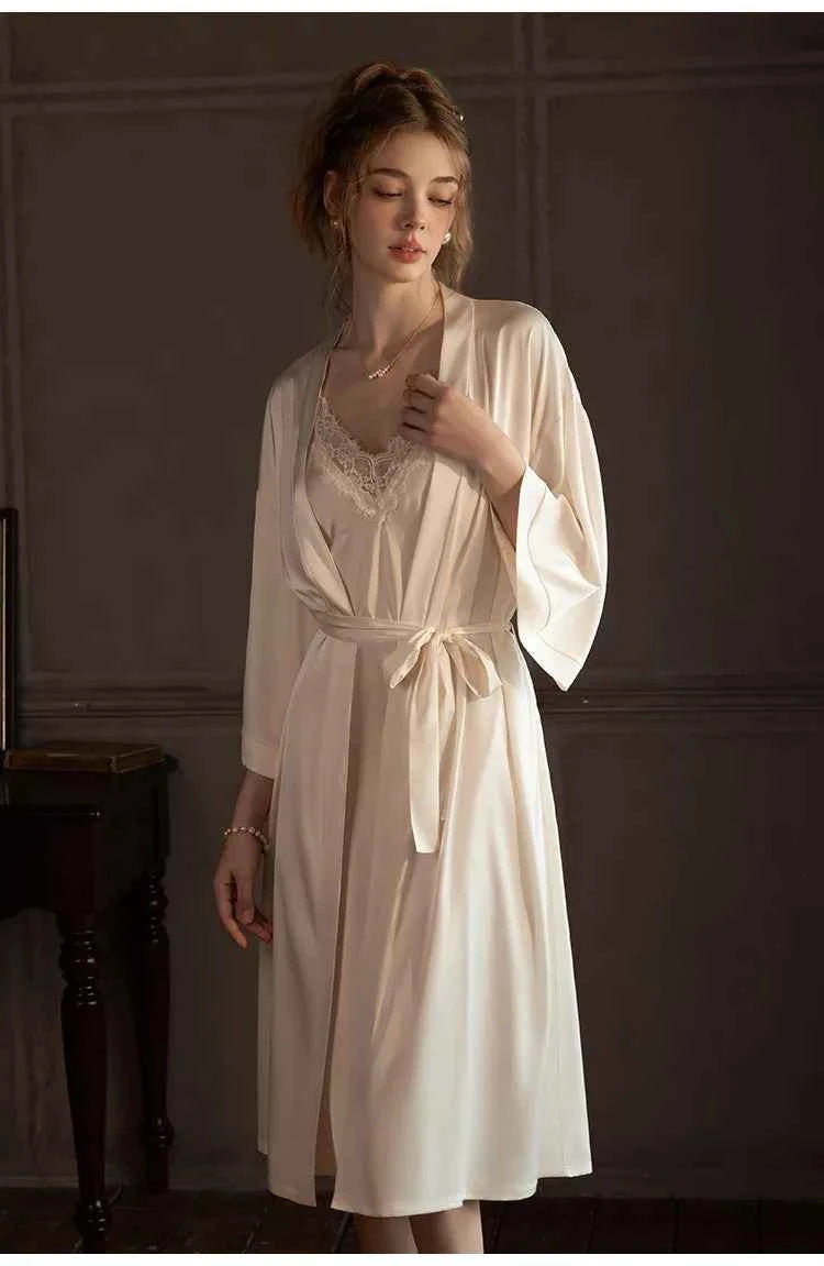 Plus Size Long 2PCS Robe Nightgown Set Pajama Elegant Kimono Bathrobe Gown Sleepwear Summer Sexy Women&