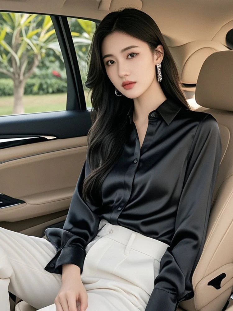 Elegant Silk Office Shirts Women Korean Fashion Y2k Clothes Slim Long Sleeve White Black Blusas Mujer Workwear Tops and Blouses - Urban Heaven Co