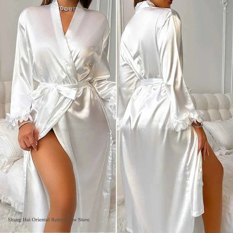 Female 2PCS Robe Set Nightgown Sexy Lace Long Kimono Bathrobe Gown Silk Satin Loungewear Summer Sleepwear Lingerie Homewear - Urban Heaven Co