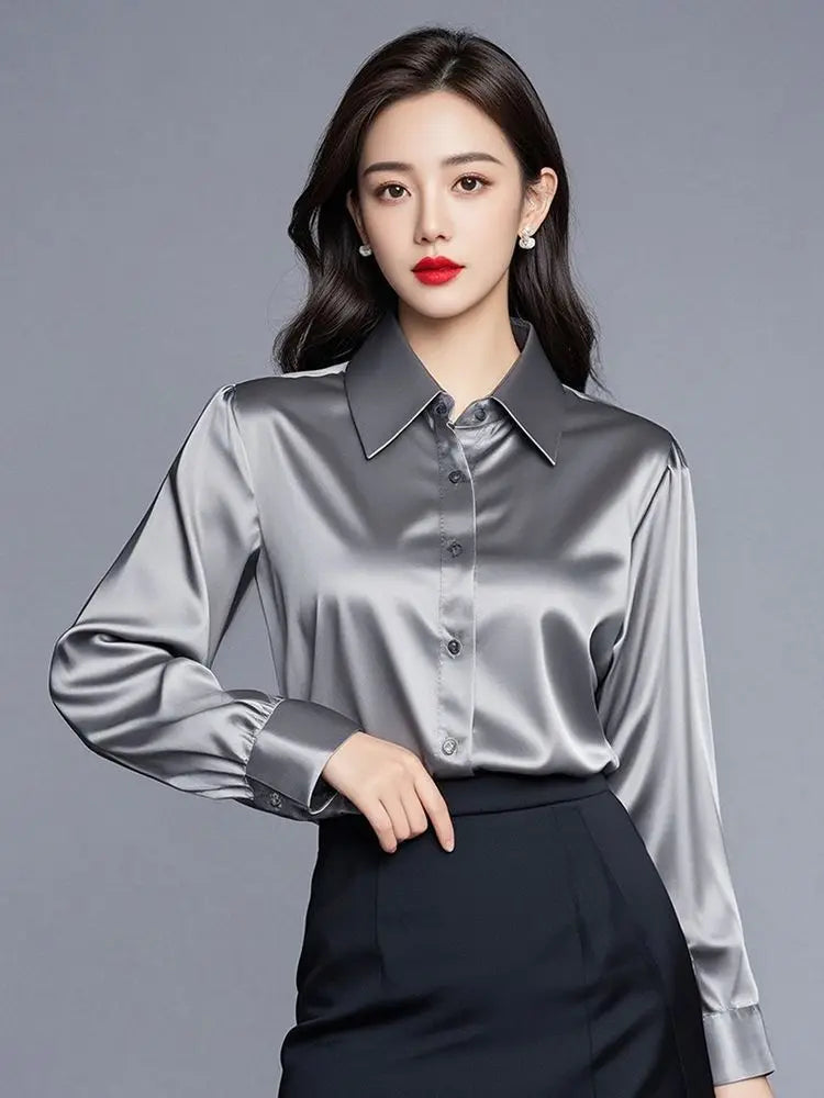 Elegant Silk Office Shirts Women Korean Fashion Y2k Clothes Slim Long Sleeve White Black Blusas Mujer Workwear Tops and Blouses - Urban Heaven Co