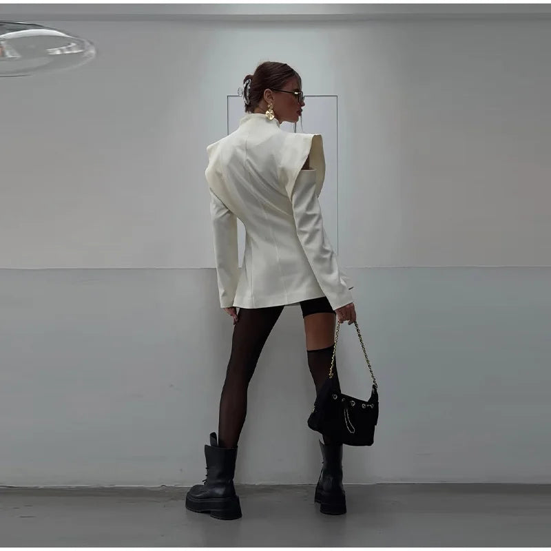 Avant-Garde Women Blazer Solid Jacket with Cutout Shoulders V-neck Full Sleeve for Spring Autumn Fashion Events and Street Style - Urban Heaven Co