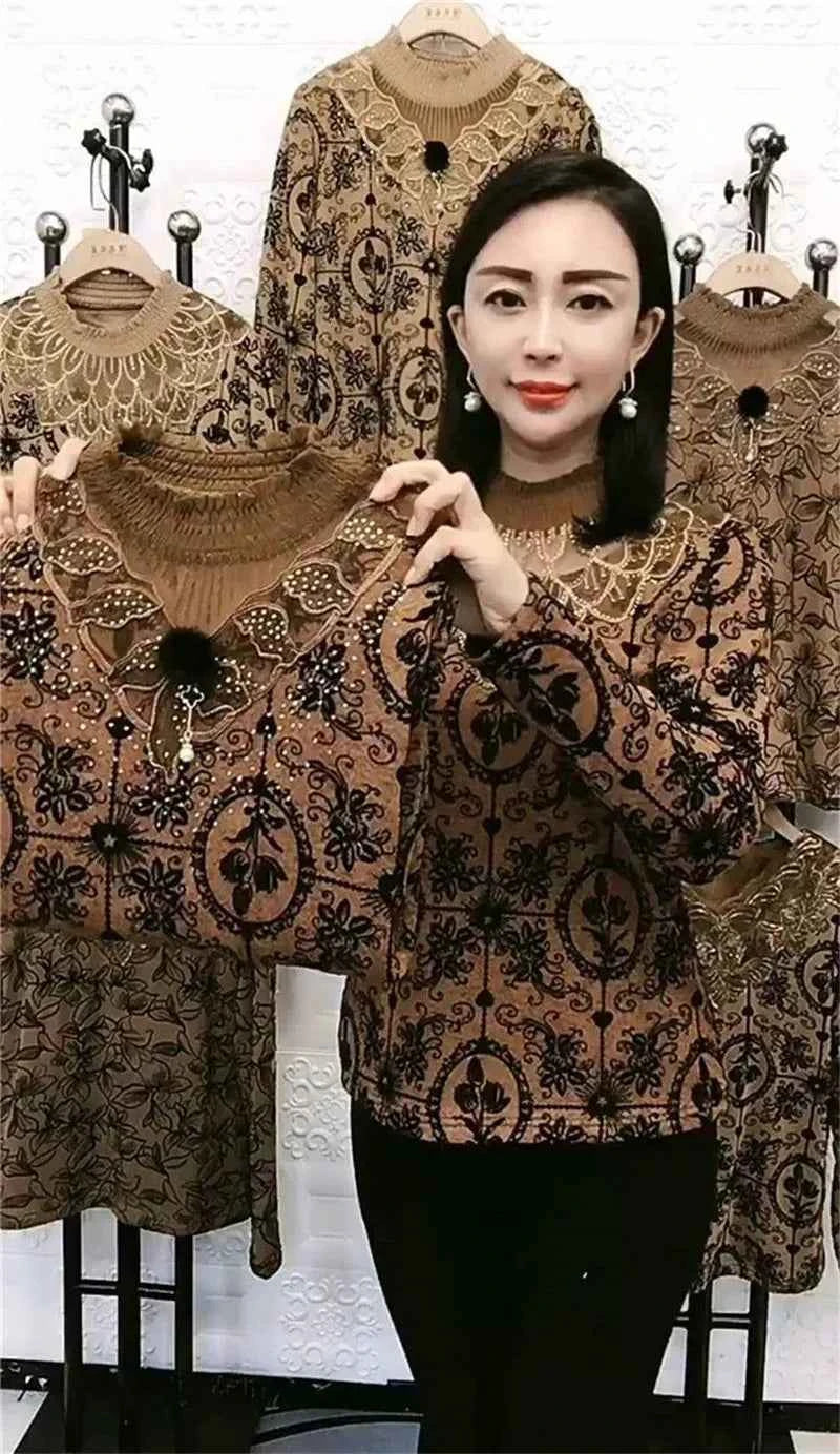 Add Velvet Lace Bottoming Shirt Blouse Women&