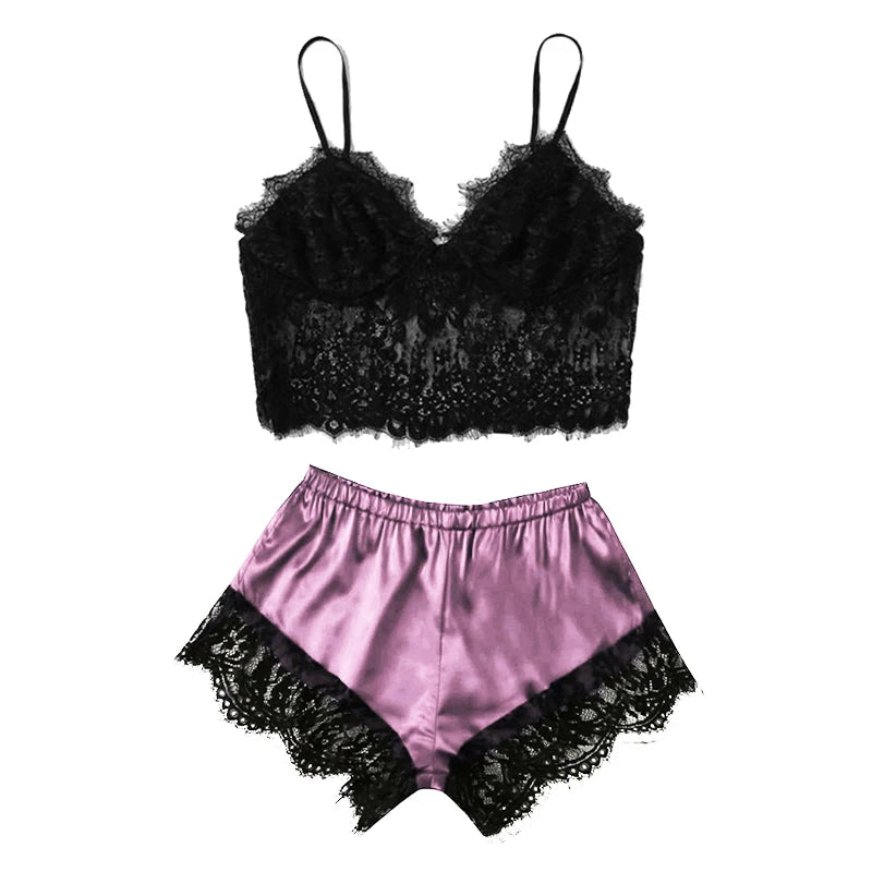 Womens Sexy Lace Nightwear Set - Casual Babydoll Pajamas with Tops and Shorts for Sleepwear - Urban Heaven Co